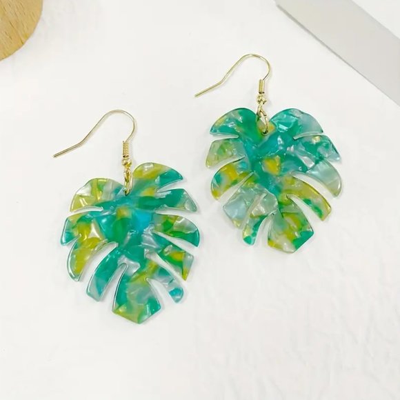 Green & Yellow Acetate Acrylic Monstera Leaf Tropical Palm Frond Dangle Earrings - Picture 4 of 6
